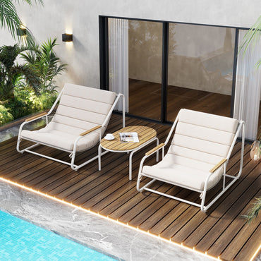 3 Pack Outdoor Lounge Chair, Acacia Wood Chaise Lounge set-Chair & Ottoman, Sunbathing Recliner, Beach Chair, Tanning Chair for Patios, Balconies, and Gardens