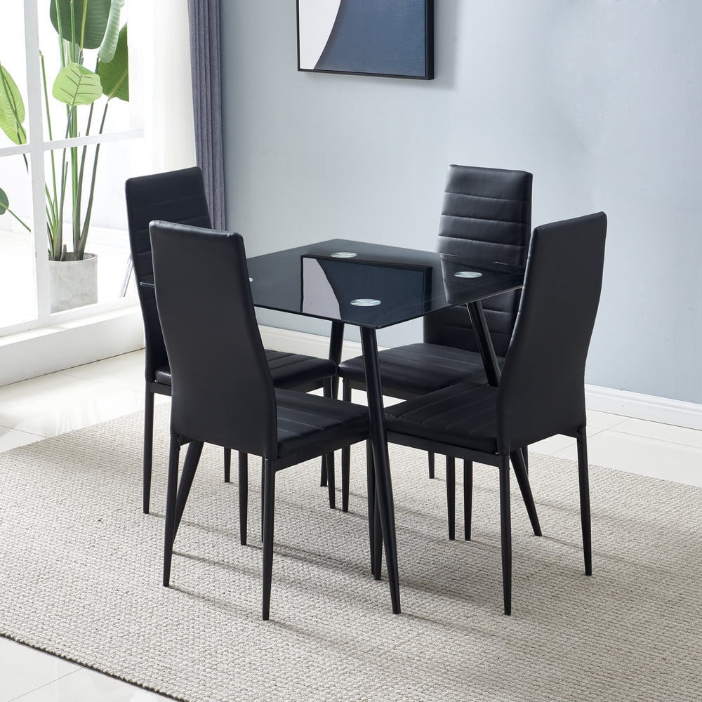 Modern White PVC Leather Dining Chairs of Set 4, High-Back Padded Side Chairs with Gray Metal Legs, Set for Kitchen & Breakfast Nook,Black