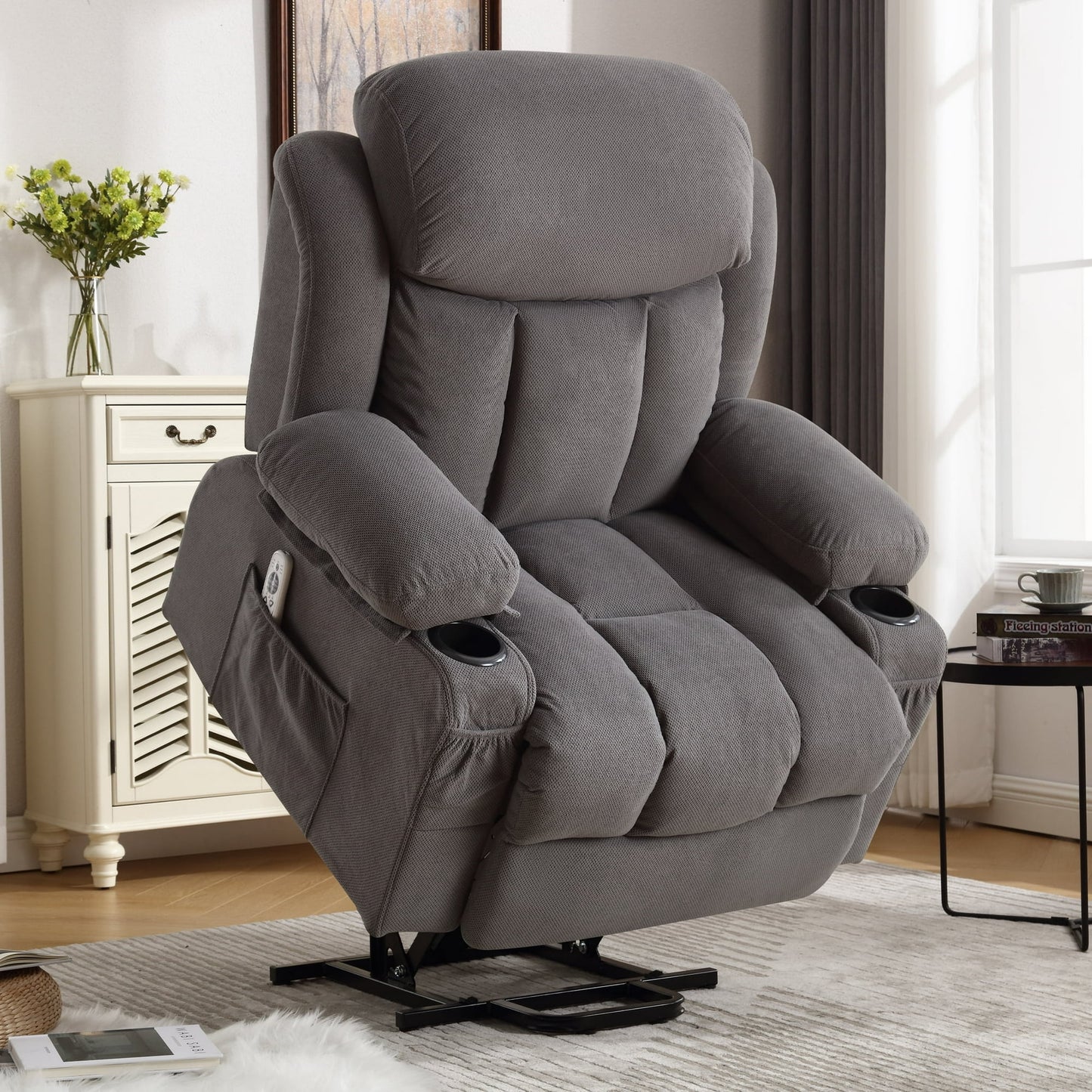 Power Lift Recliner for Elderly, Heavy Duty Electric Recliner Chair with Remote, Plush Fabric Reclining Sofa Chair, Beige