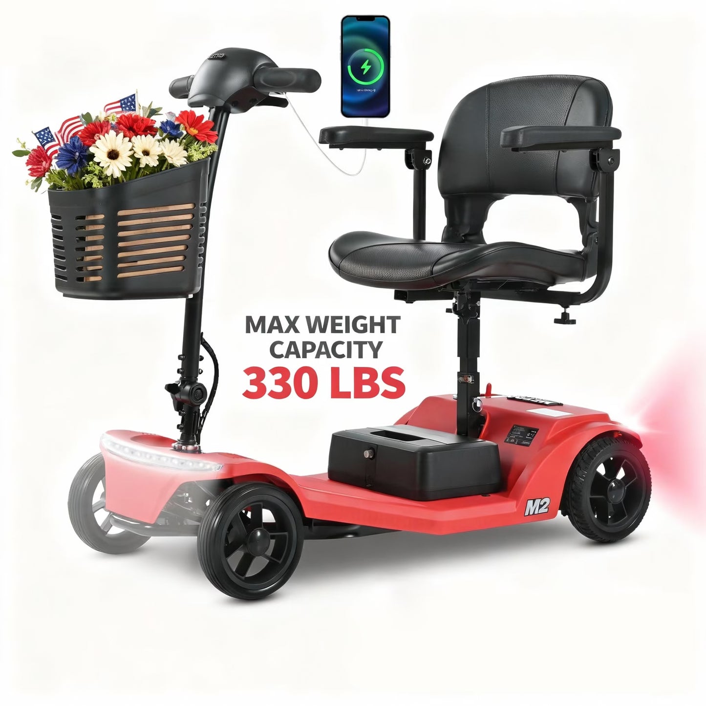 SEGMART 4 Wheel Mobility Scooter for Seniors,Electric Folding Wheelchair Device, with a powerful 300W motor, can rotate 360°, and has a weight capacity of 300 lbs,Red