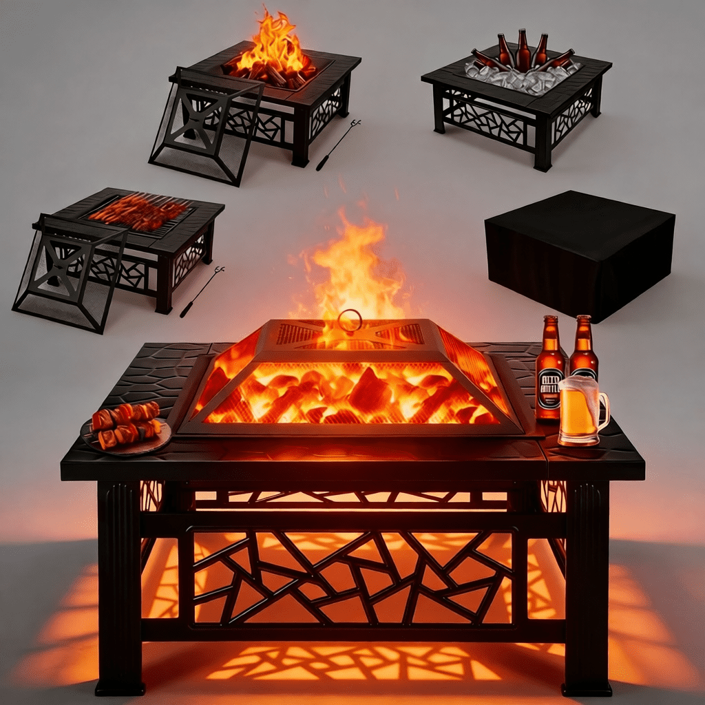 32" Fire Pits for Outside, Updated Segmart Outdoor Firepit with Fireplace Screen, Lid Square Wood Burning Fireplace Heater/Ice Pit for Camping, Outdoor Heating, Bonfire and Picnic, Black