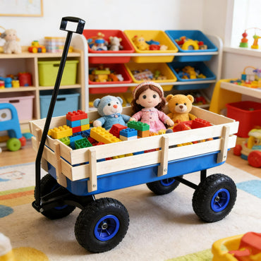 Outdoor Garden Wagon Cart with Wood Rails & Air Tires,All-Terrain Pull Cart for Yard Work, Hauling, Beach, and Camping,176lbs Capacity,Blue