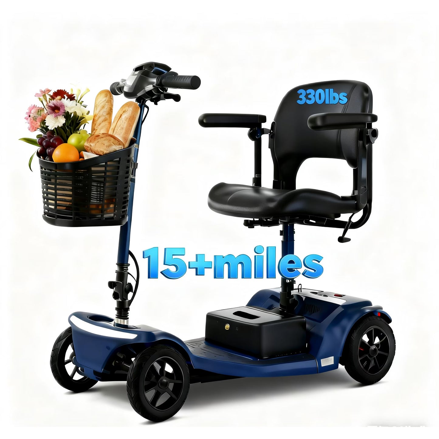 clearance Segmart mobility scooter for senior , Portable Electric scooter with Dual Batteries, Anti-Tip Wheels, LED Headlight & Basket, 330 lb capacity,Long Range with 15+ miles ,Blue.