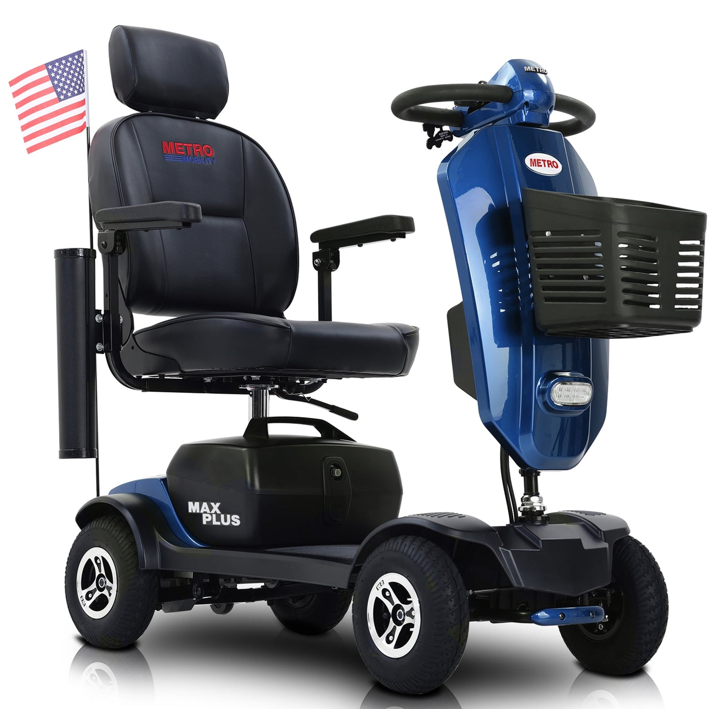 Electric Power Mobility Scooter, SEGMART Mobility Scooter with 9'' Pneumatic Tires, Compact Travel Mobility Scooter with Cup Holders, USB Charging Port, Basket, Including The US Flag, Blue, SS478