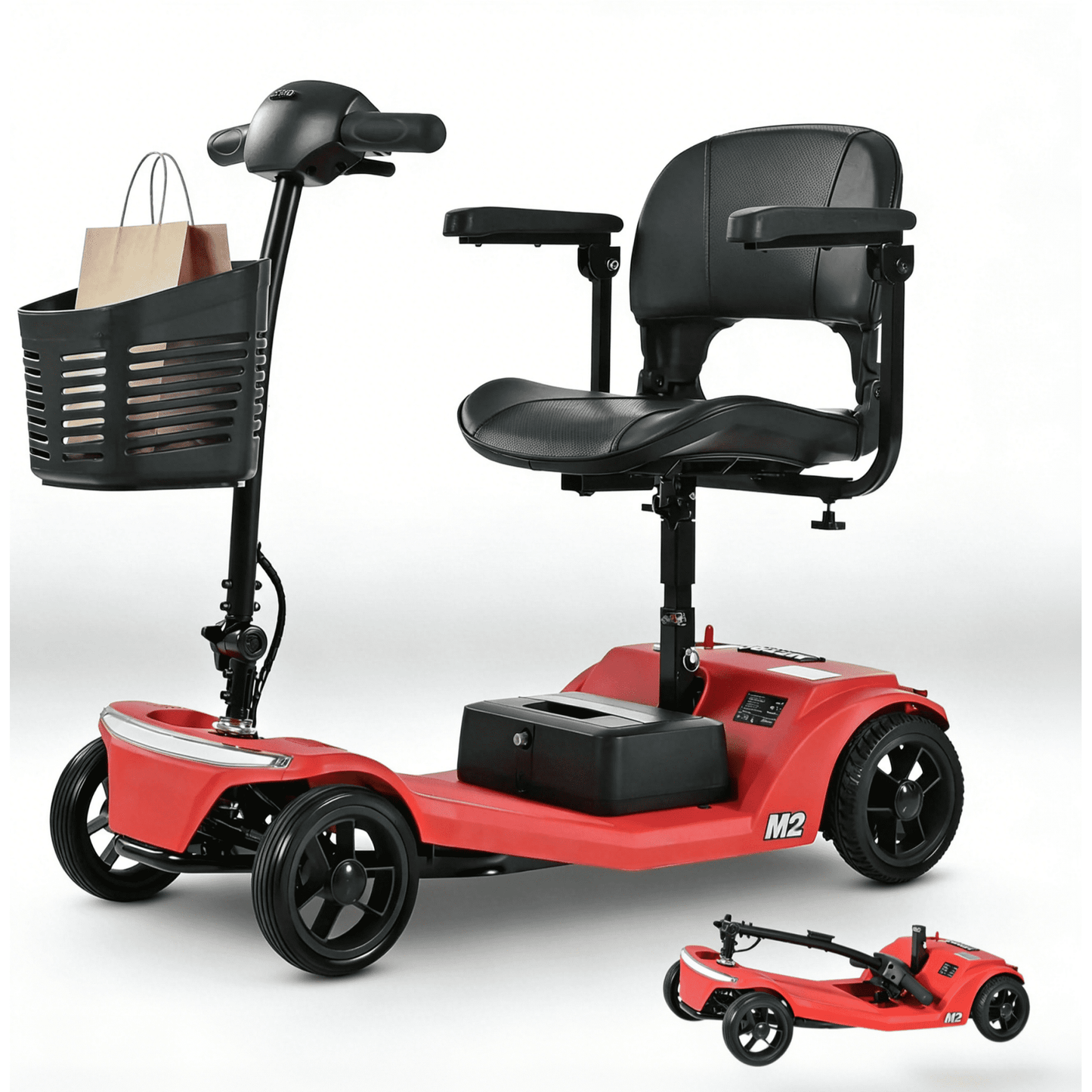 Segmart 4-Wheel Mobility Scooter for Seniors, Foldable Electric Power Scooter with 360° Swivel Seat, 350W Motor, Long-Range Removable Battery, LED Lights, Supports 330 lbs – red