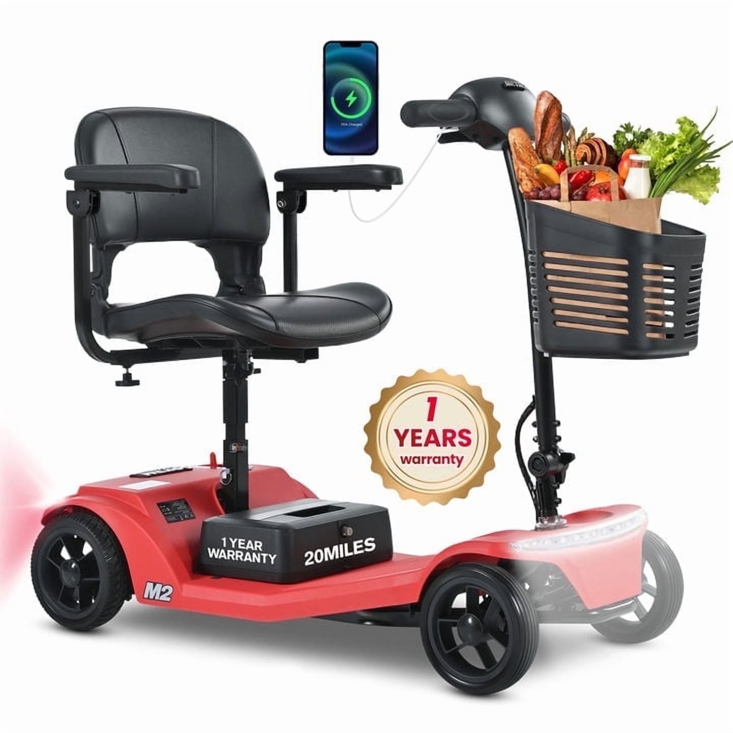 Segmart 4 Wheels Mobility Scooters for Seniors Best Gift,Foldable Wheelchair Device for Adults,Heavy Duty Medical Scooter Up to 20 Miles & 330lb Capacity, Red