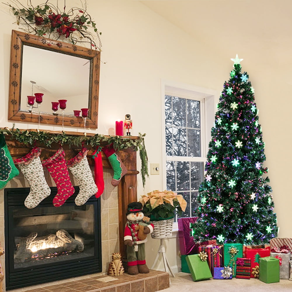 Segmart Multi-color Prelit 58 Snowflakes LED Green Pine Artificial Christmas Tree, with 290 Tips including Solid Metal Stand 7'