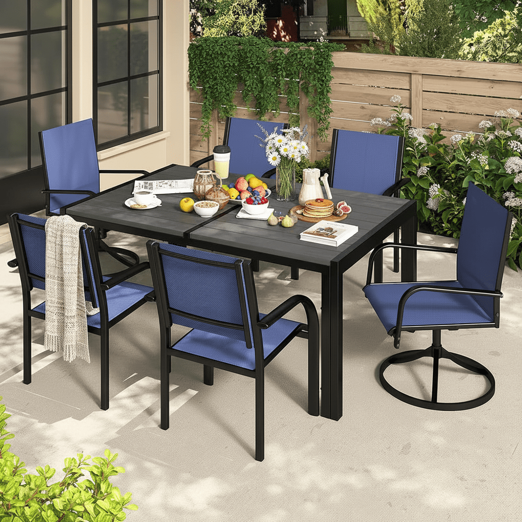 Segmart Outdoor Dining Set for 6 Person, Patio Table and Chairs Set with Textilene Armchairs & Swivel Chair, Conversation Furniture Set for Backyard, Poolside, Blue