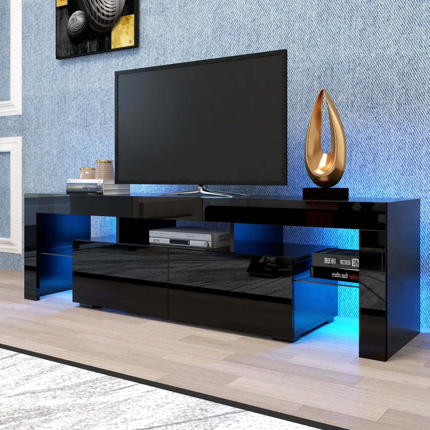 Segmart TV Stand for 70 inch TVs, Modern Black LED TV Stand with 16 Colors Light, TV Media Console High Gloss Entertainment Center with 2 Drawers and Open Shelves, Black, S9800
