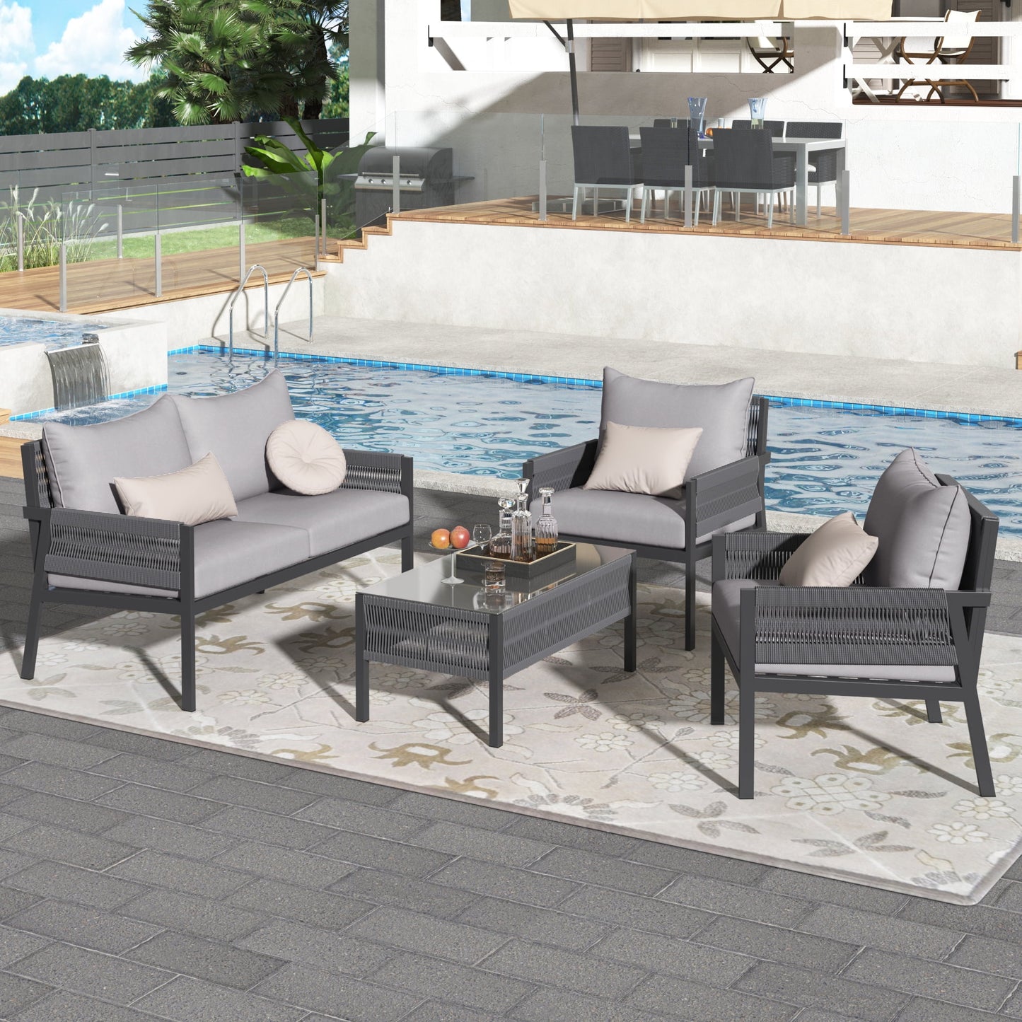 Segmart Wicker Patio Furniture Sets, 4PCS Outdoor Wicker Patio Sectional Sofa w/4 Padded Cushions, Tempered Glass Coffee Table, Armchair, Conversation Sets for Porch Backyard Garden, Beige