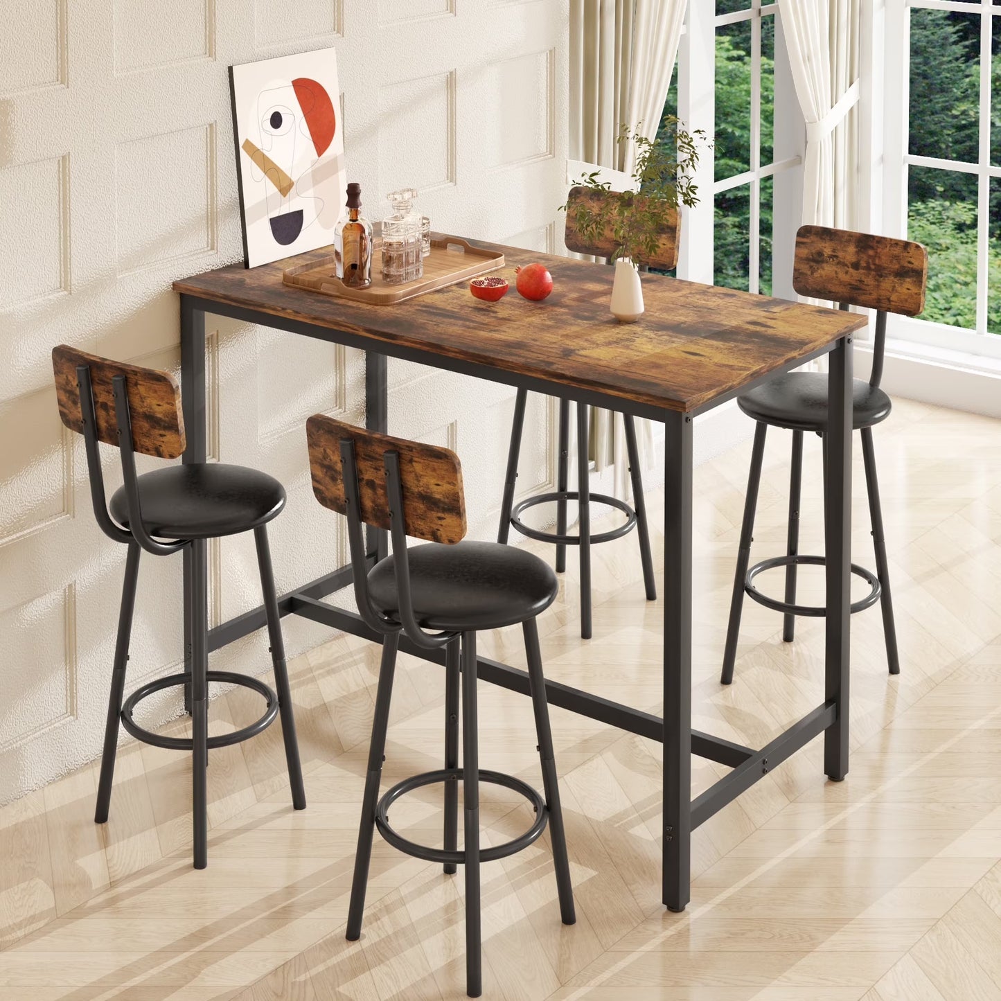 Segmart Bar Table Set for 4, 5 Piece Dining Table Set with Counter Height High Top Wooden table and 4 PU Upholstered Stools,Space-Saving Pub Table Sets for Small Space, apartments or bars,Brown