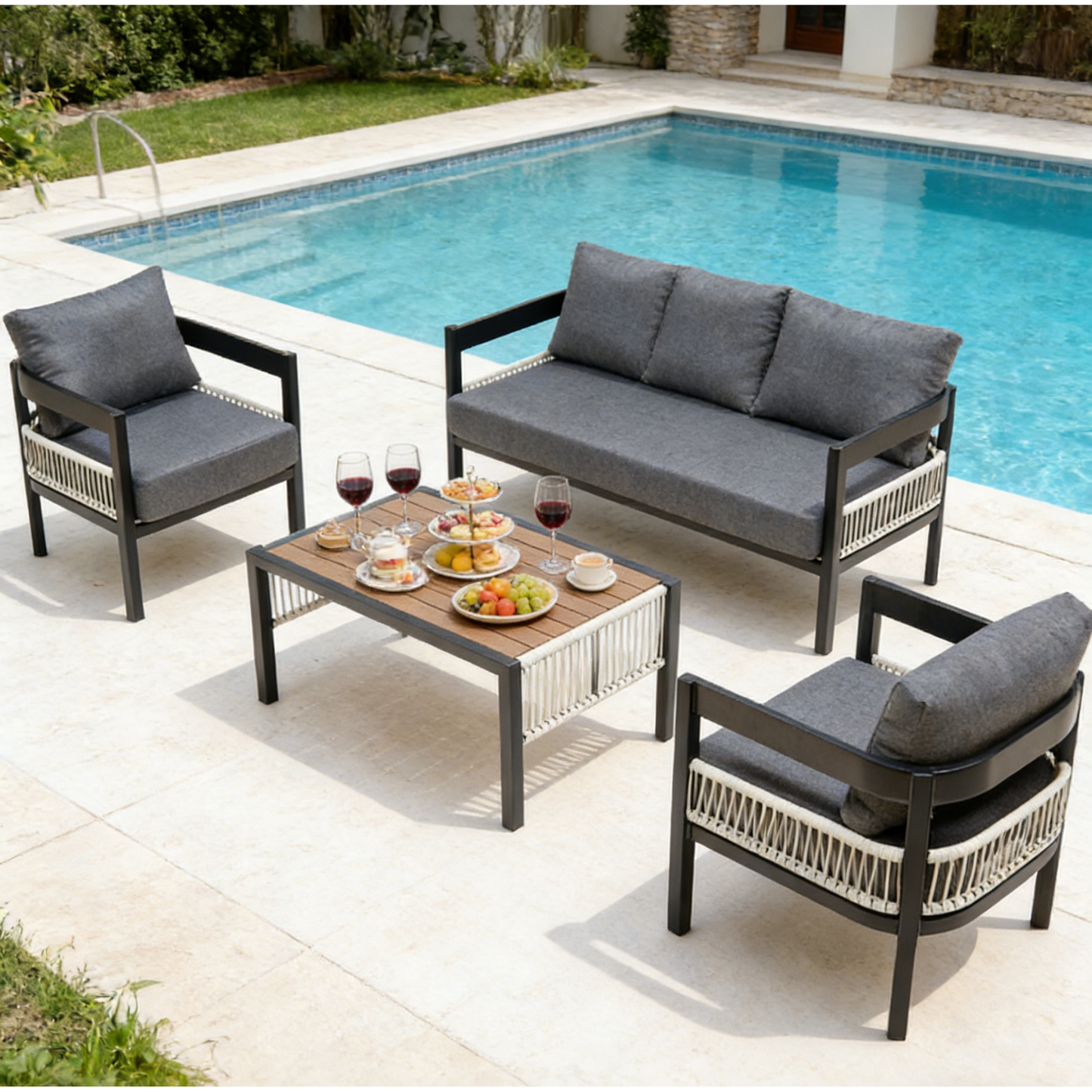 Syngar 4-Piece Patio Furniture Set,Outdoor Sofa Set,Weather-Resistant Metal + Rattan with with wooden Table & Waterproof Cushions, All-Weather Garden Lawn Outdoor Conversation Set,Gray