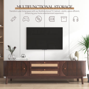 Rattan TV Stand for TVs up to 75", Modern Farmhouse Media Console with Solid Wood Legs, Storage Cabinet & Entertainment Center,Hidden Cable Management Storage Cabinet for Living Room