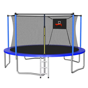 Trampoline with Enclosure, Upgraded 14 Feet Kids Outdoor Trampoline with Basketball Hoop and Ladder, Heavy Duty Round Trampoline for Indoor Outdoor Backyard, LLL4568