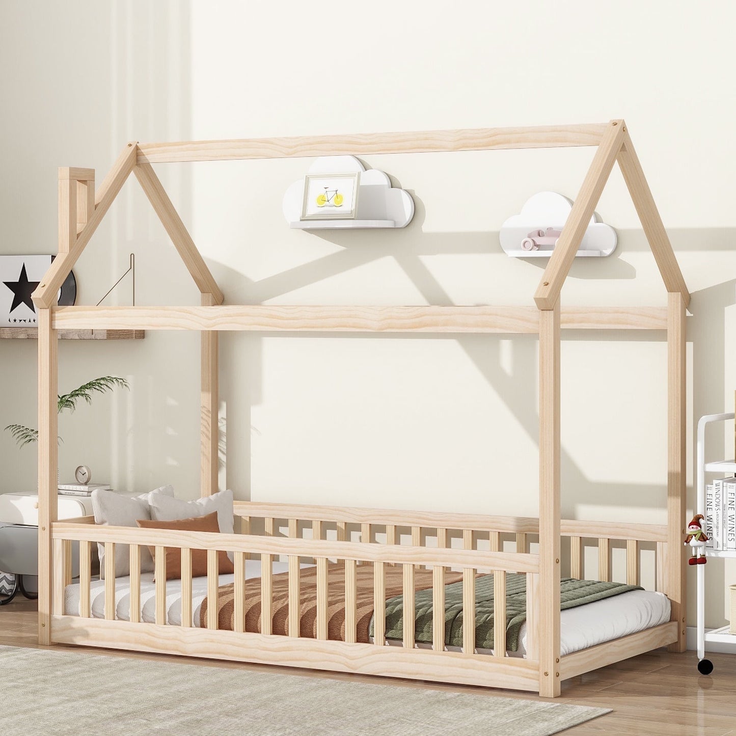 Twin Floor Bed for Boys, Segmart Twin House Bed with Safety Guardrails, Daybed Frame with Wood Slats, No Box Spring Needed, 200 lbs Weight Capacity, Gray