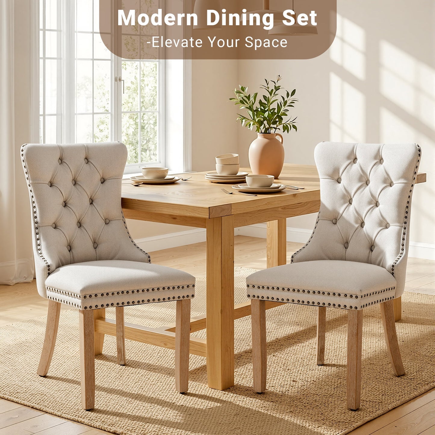 Upholstered Dining Chairs Set of 2, Segmart Modern Fabric Dining Room Chair with Nailhead Trim and Wood Legs, Mid-Century Accent for Living Room, Kitchen, Gray