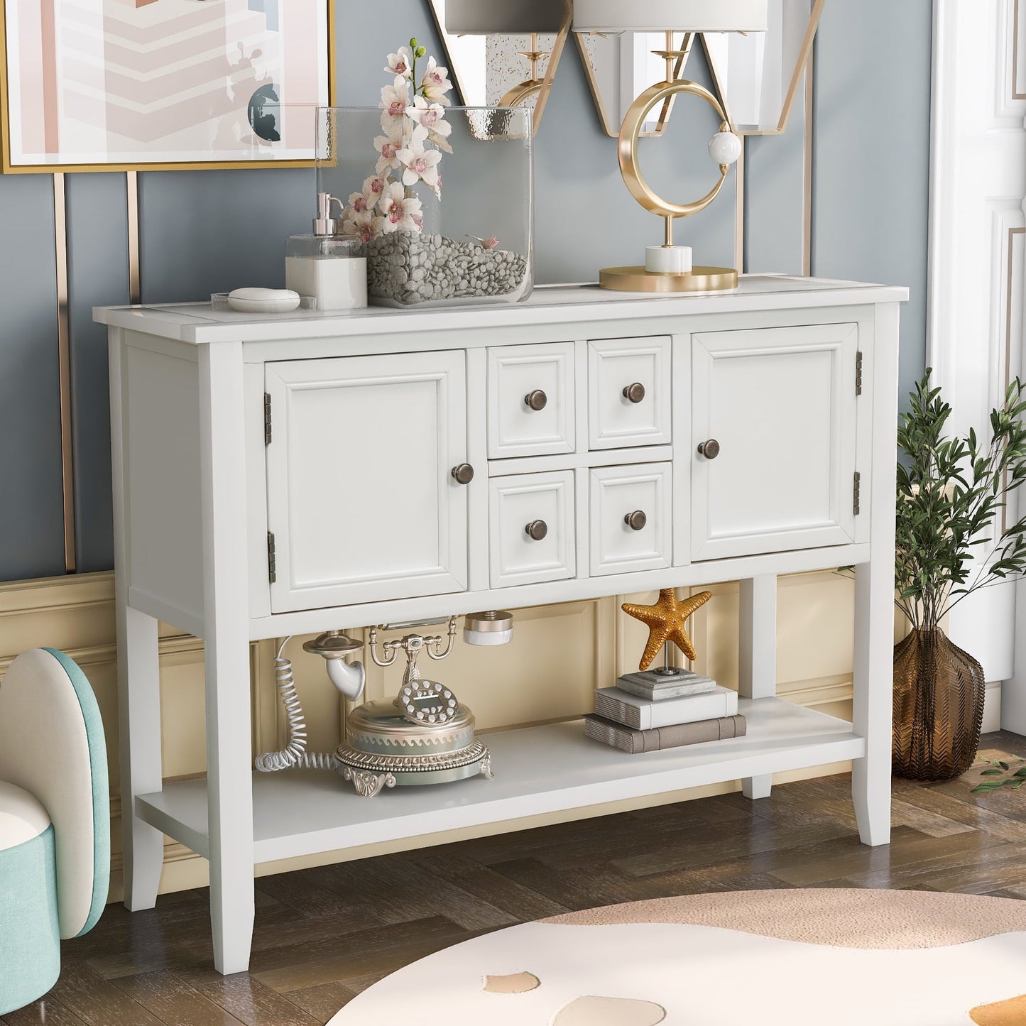 White Console Table with 2 Cabinets and Bottom Shelf, SEGMART 46''x15''x34'' Entryway Table with 4 Storage Drawers, Accent Buffet Sideboard Desk Table w/ Solid Wood Frame for Kitchen, 99lbs, SS1557