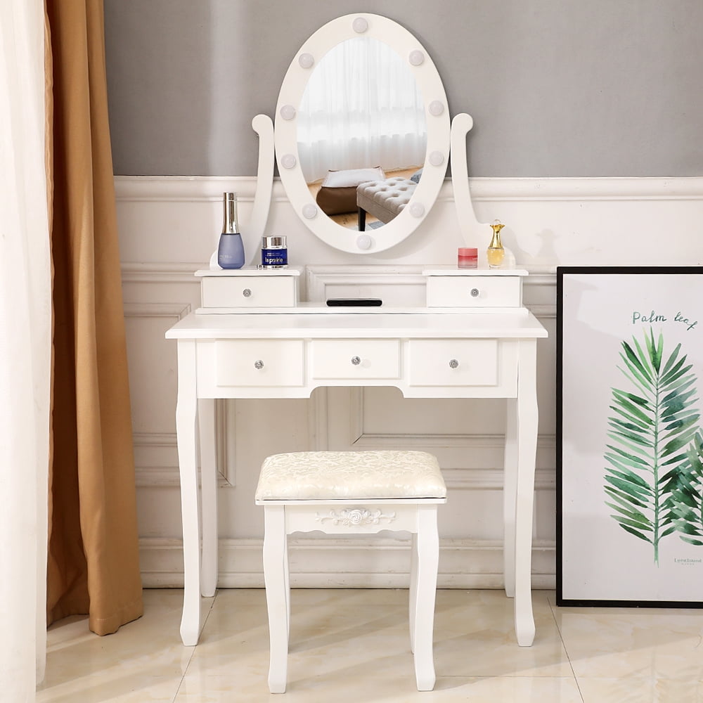 White Vanity Table for Teen Girls, Makeup Vanity Set with PU Cushioned Stool, 5-Drawer, Rotation Removable Top with Large Led Round Mirror for Teen Girls Bedroom