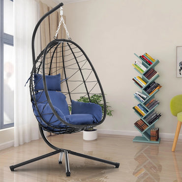 Wicker Hanging Egg Chair with Stand and Cushion, Outdoor Swing Egg-Shaped Chair w/Hanging Kits, Durable All-Weather UV Patio Rattan Lounge Chair for Bedroom, Patio, Deck, Yard, Garden, 350lbs, Navy B