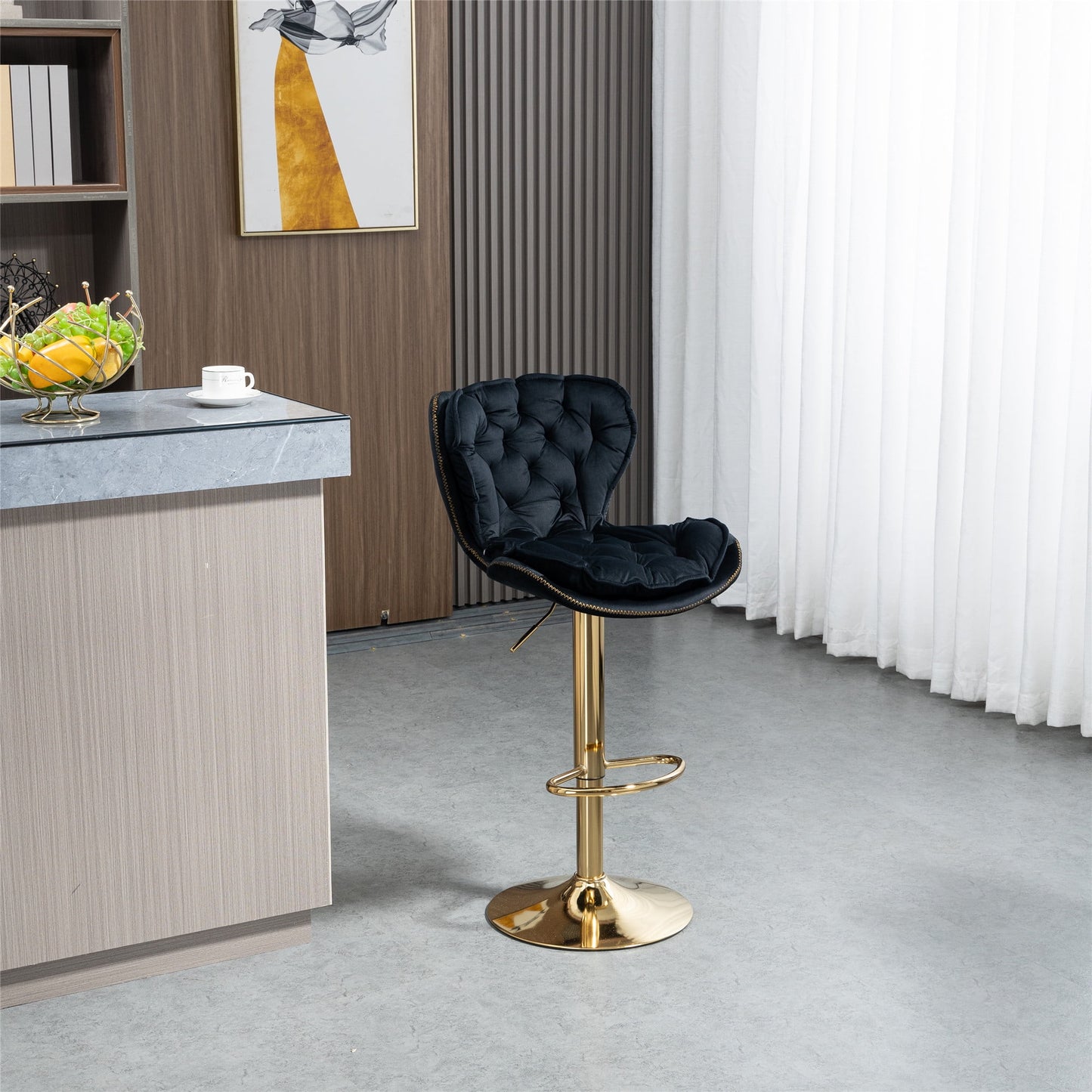 Segmart Bar Stool, Modern Half Oval Upholstery Velvet Adjustable Bar Stools with Back, Footrest, Armless 360 Degrees Swivel Counter Height Stool for Kitchens, Coffee, 1PCS, Black, S13000