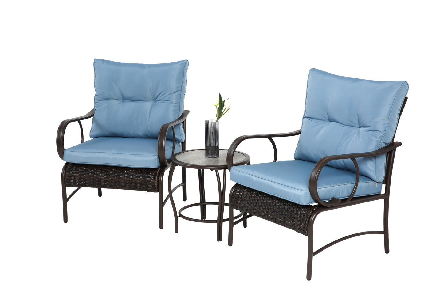 Segmart 3-piece Patio Set , outdoor wicker furniture combination,With cushion,2 comfortable rattan chairs and coffee table, blue