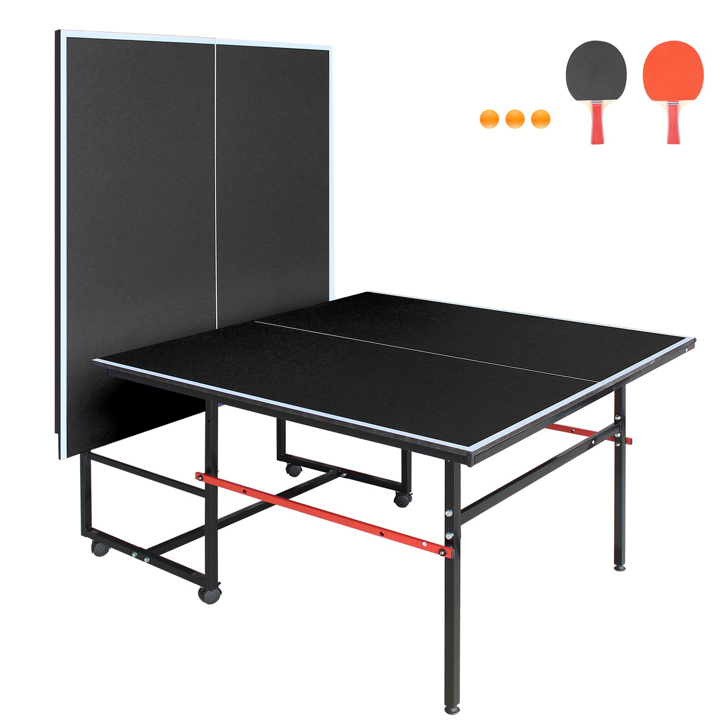 Mid-Size Table Tennis Table, SEGMART 8FT Foldable Outdoor Ping Pong Table with Net, 2 Table Tennis Paddles and 3 Balls, Portable Table Tennis Game Set for Indoor Outdoor, Black