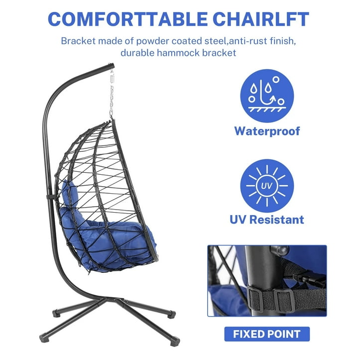 Wicker Hanging Egg Chair with Stand and Cushion, Outdoor Swing Egg-Shaped Chair w/Hanging Kits, Durable All-Weather UV Patio Rattan Lounge Chair for Bedroom, Patio, Deck, Yard, Garden, 350lbs, Navy B