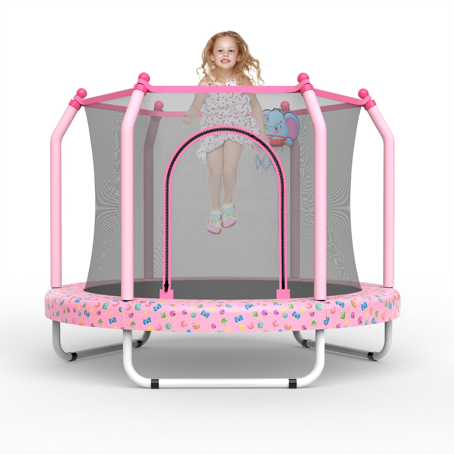 Mini Trampoline for Kids with Safety Enclosure Net, 60" Toddler Trampoline with No-Gap Safe Design, Segmart Recreational Trampolines for Birthday Gifts, Rebounder Trampoline with Ocean Balls, Pink