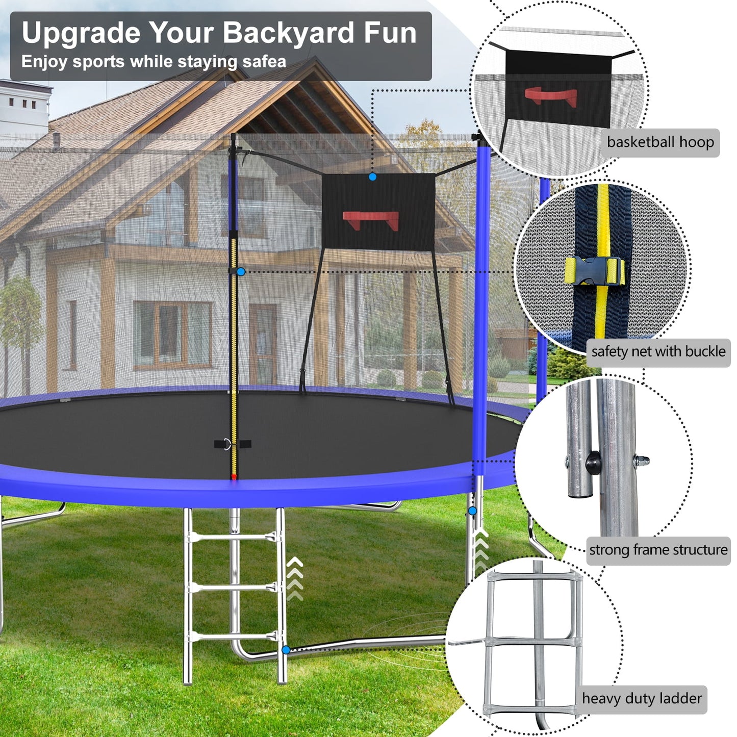 Trampoline with Enclosure, SEGMART Upgraded 14FT Kids Outdoor Trampoline with Basketball Hoop and Ladder, Heavy Duty Round Trampoline for Indoor Outdoor Backyard