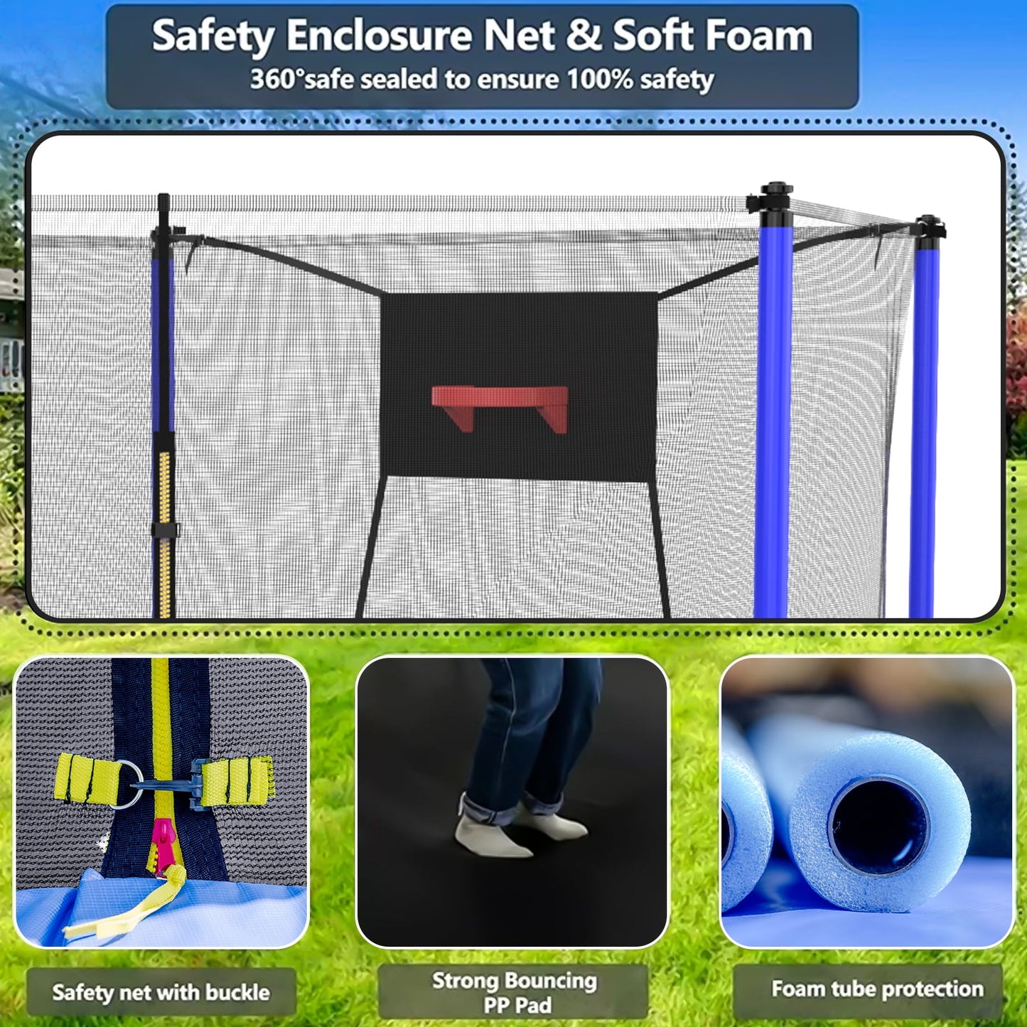 Trampoline with Enclosure, SEGMART Upgraded 14FT Kids Outdoor Trampoline with Basketball Hoop and Ladder, Heavy Duty Round Trampoline for Indoor Outdoor Backyard