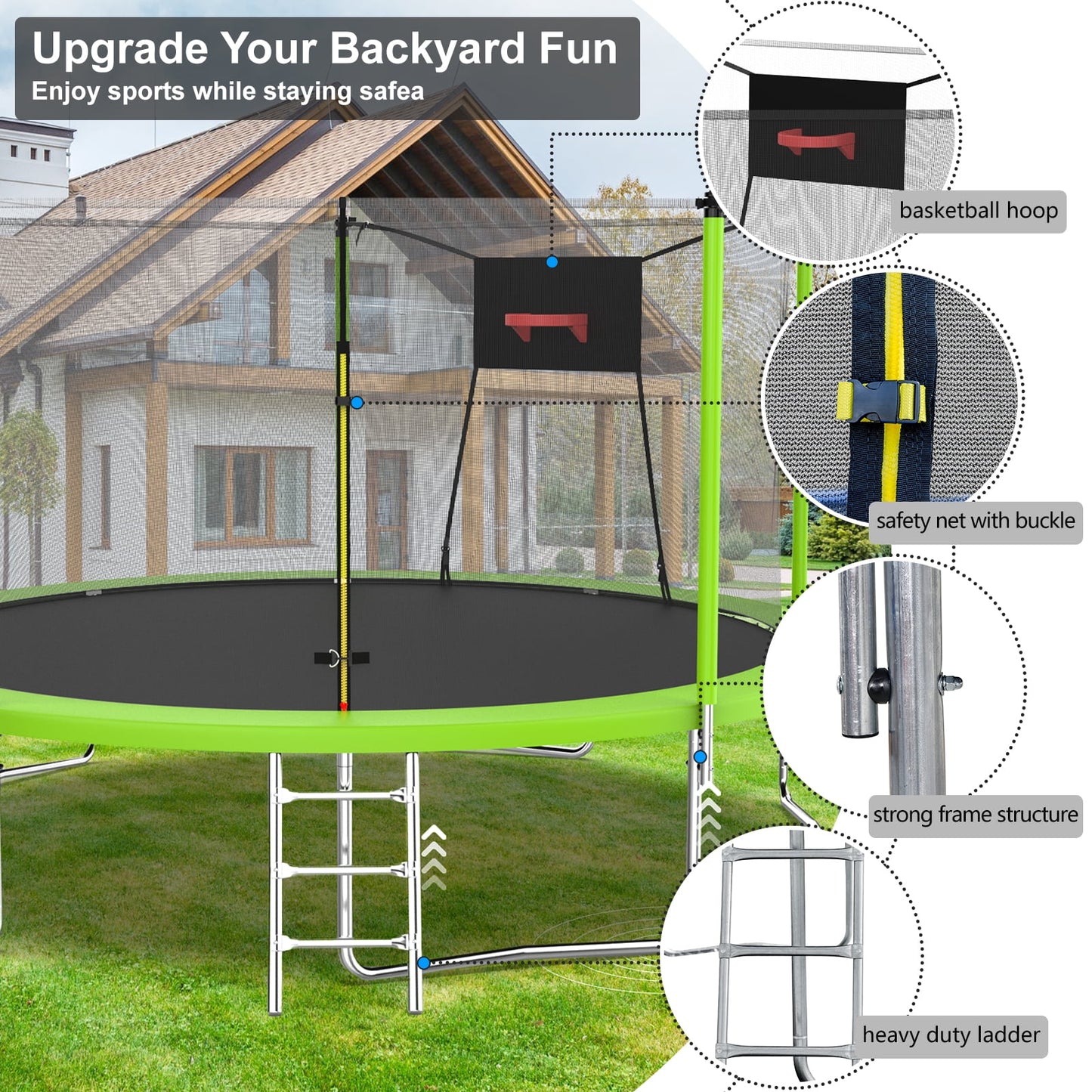 Trampoline with Enclosure, SEGMART Upgraded 14FT Kids Outdoor Trampoline with Basketball Hoop and Ladder, Heavy Duty Round Trampoline for Indoor Outdoor Backyard