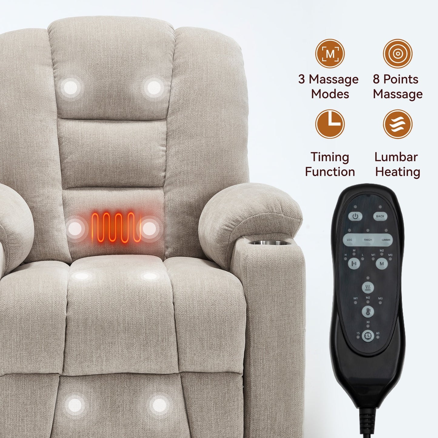 Power Lift Recliner Chair with Massage and Heat for Elderly, Segmart Overstuffed Wide Recliners, Heavy Duty Motion Mechanism with USB and Type C Ports, 2 Steel Cup Holders, Beige