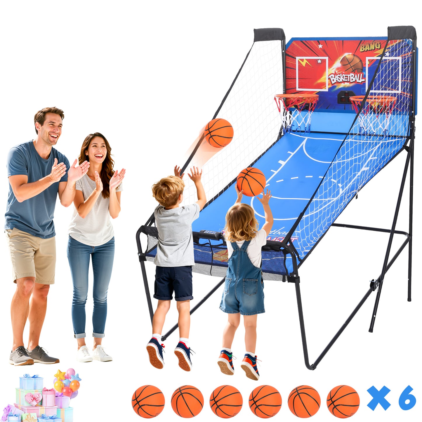 Arcade Basketball Game for Home, Electronic Dual Basketball Arcade Game for Kids and Teens, Segmart Foldable Basketball Arcade Game with 8 Game Modes, 6 Balls, Inflation Pump, Easy Storage