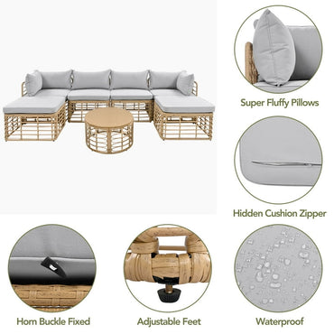 7 Pieces Patio Furniture Set, Wicker Sectional Table and Chairs Sets, Patio Conversation Set with Sectional Chaise Longue, Coffee Table, Suitable for Porch Backyard Garden, Gray