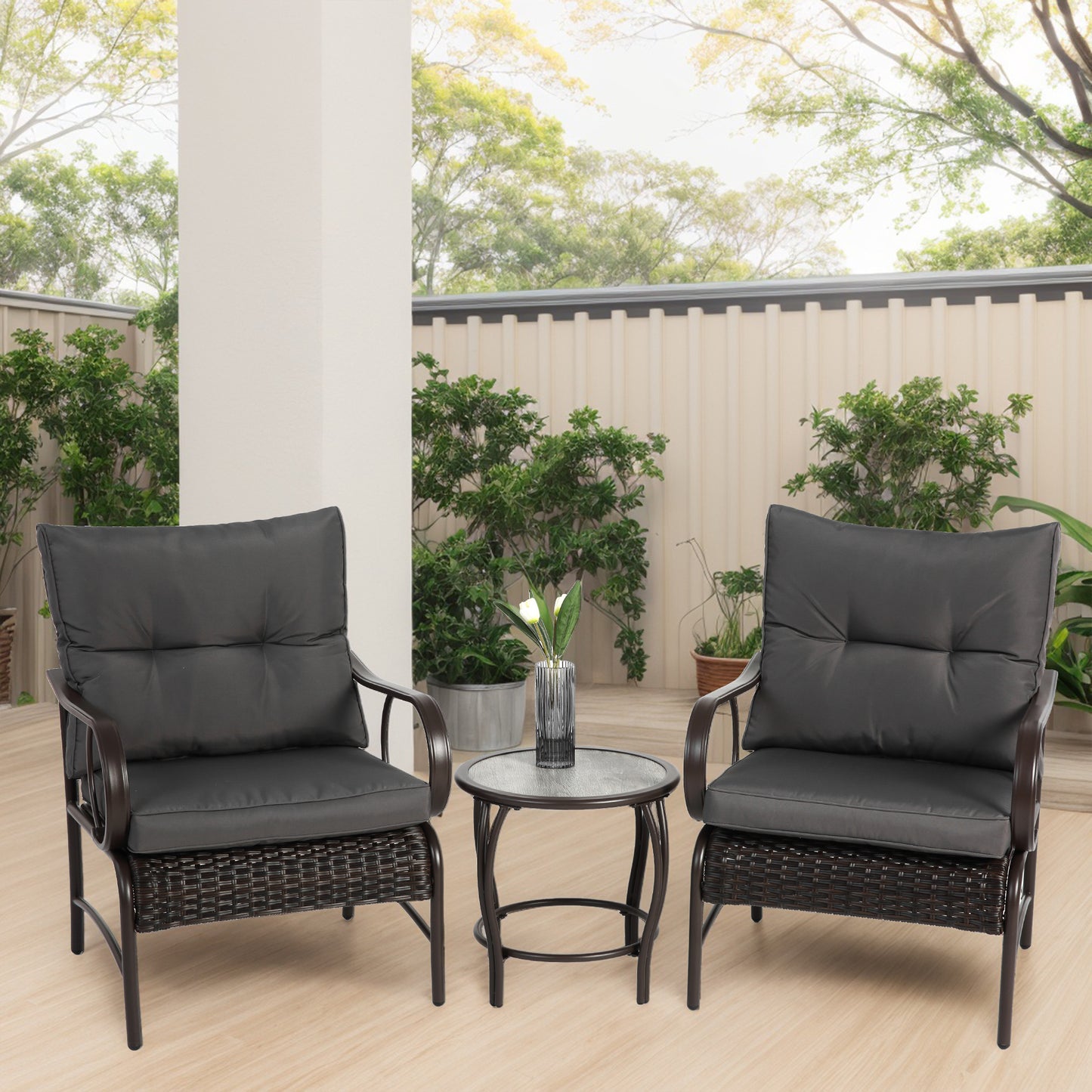 Segmart 3-piece Patio Set , outdoor wicker furniture combination,With cushion,2 comfortable rattan chairs and coffee table, black