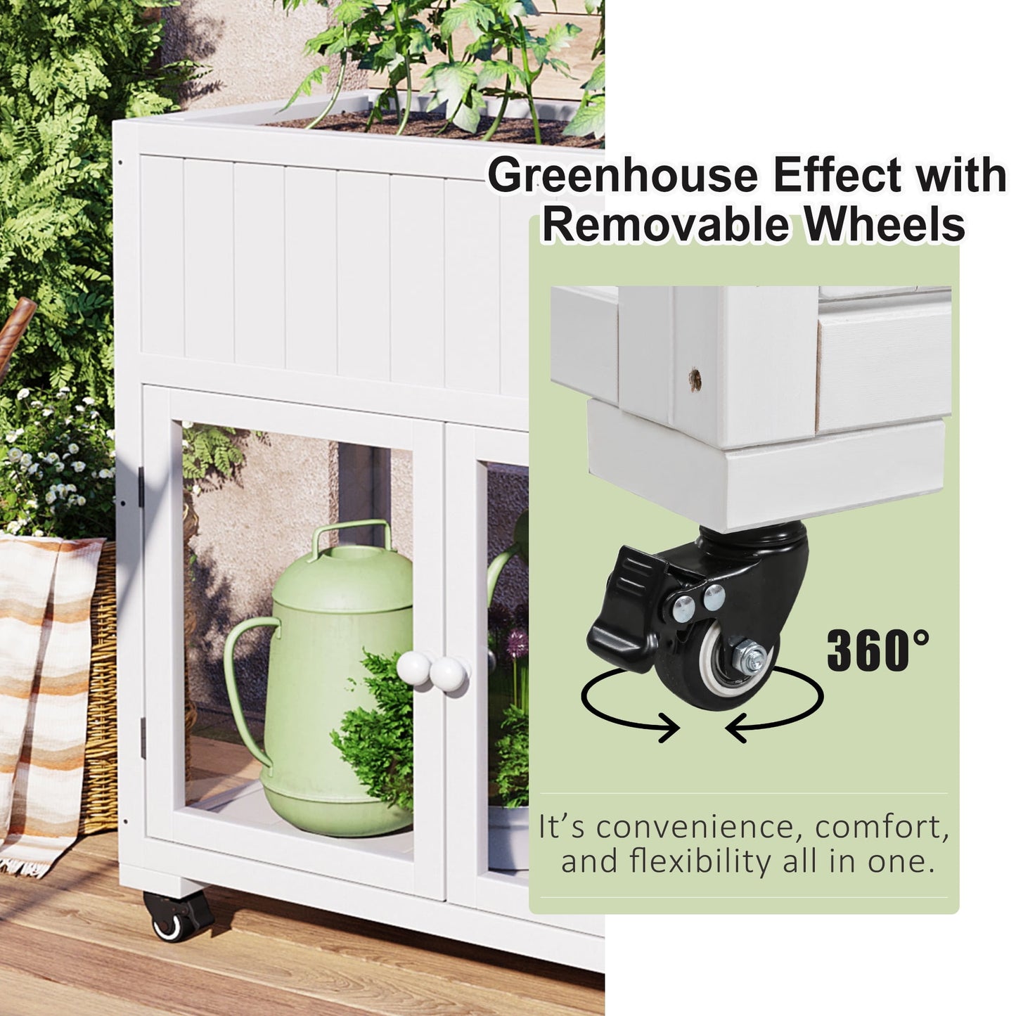 Segmart Mini Wood Cold Frame with 2 Doors,35.4''x17.7''x37.4'' White Raised Garden Greenhouse with Removable Wheels for Outdoor/Indoor Plants