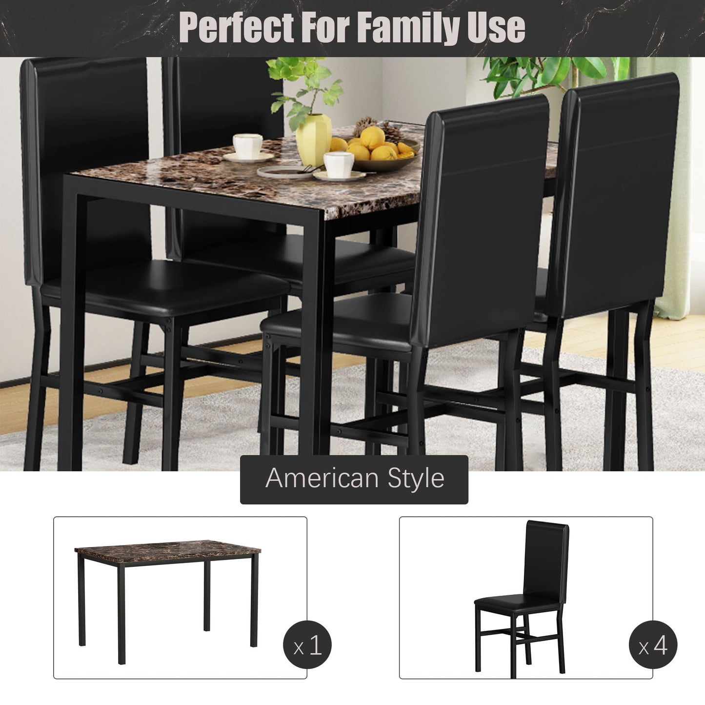 Kitchen Dining Table Set, Metal Kitchen Table Sets with 4 Chairs, Faux Marble Rectangular Breakfast Table w/Metal Legs & Black Finish Frame, Dining Table Sets for an Apartment Breakfast, SS1288