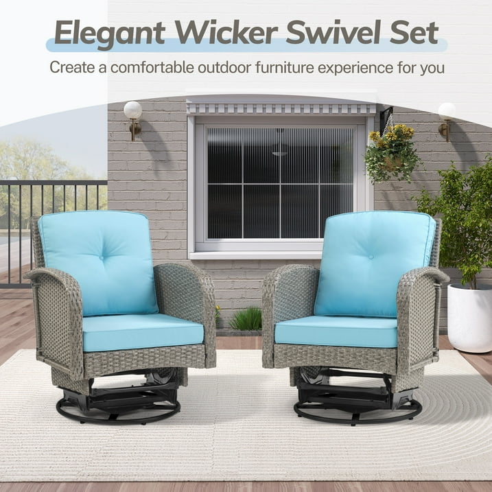 3-Piece Outdoor Swivel Rocker Chairs, 360° Patio Rattan Wicker Swivel Rocking Chair Set with Thickened Cushions and Glass Coffee Table, Max Weight 360 LBS, Light Blue