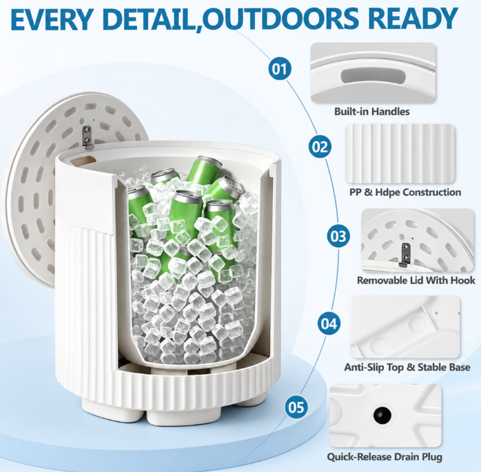 Outdoor Cooler Side Table, 3-in-1 Patio Ice Cooler Table with Drain Plug, White HDPE Poolside Drink Table, Patio Table for Deck, Backyard, Balcony, Hot Tub