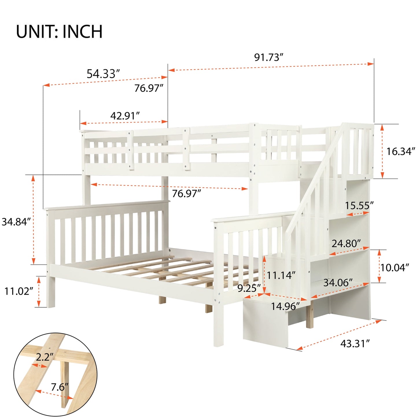 SEGMART Wood Bunk Beds , 76.97'' x 51.57'' Solid Wood Twin-Over-Full Bed, Sturdy Wood Twin-Over-Full Bunk Beds w/ 4 Storage Shelves, 4-Step Ladder, Full-Length Guardrails, 250lbs, S1914