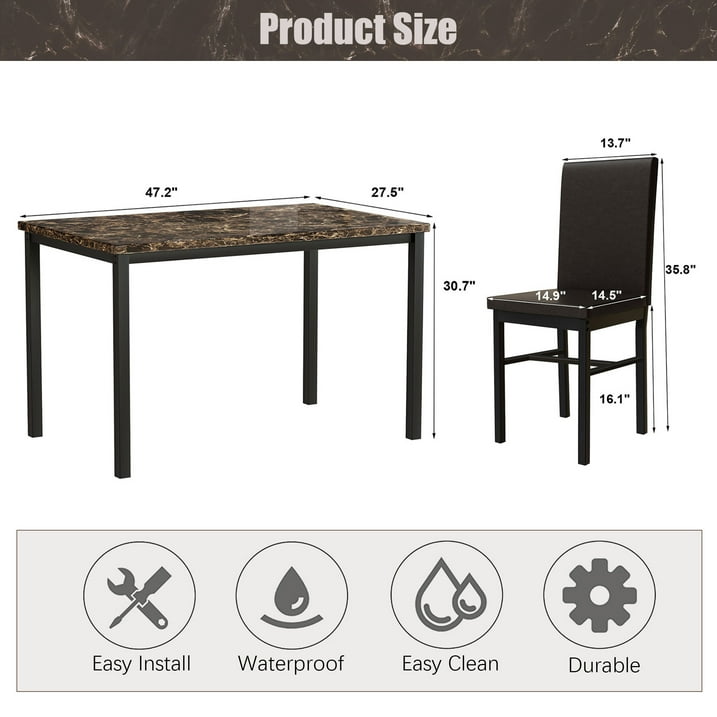 Kitchen Dining Table Set, Metal Kitchen Table Sets with 4 Chairs, Faux Marble Rectangular Breakfast Table w/Metal Legs & Black Finish Frame, Dining Table Sets for an Apartment Breakfast, S12528