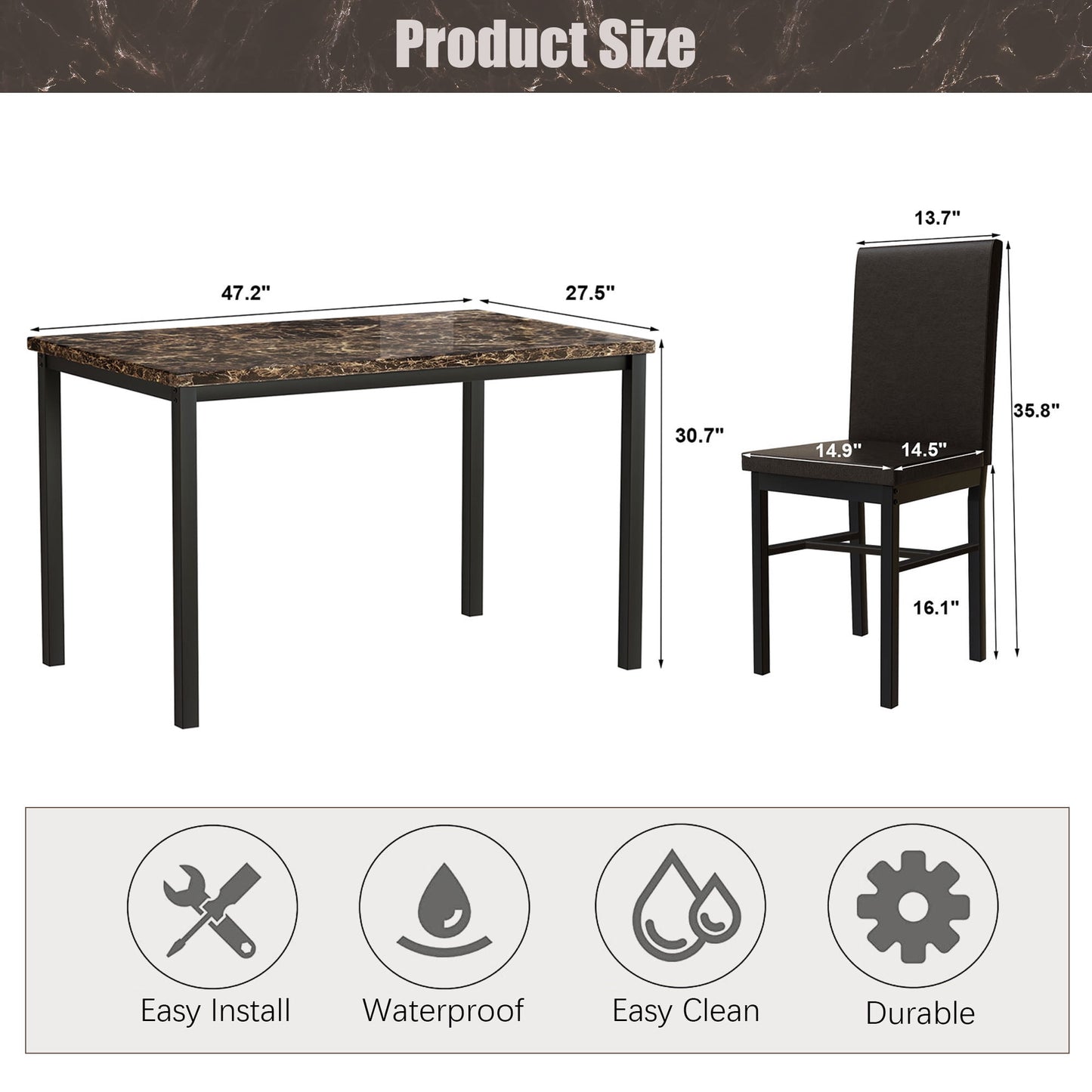 Kitchen Dining Table Set, Metal Kitchen Table Sets with 4 Chairs, Faux Marble Rectangular Breakfast Table w/Metal Legs & Black Finish Frame, Dining Table Sets for an Apartment Breakfast, S12528