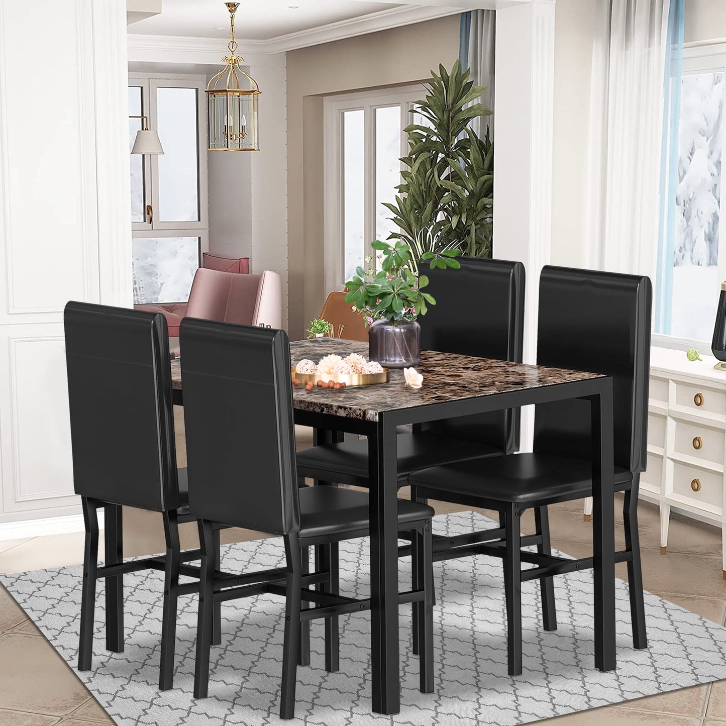 Kitchen Dining Table Set, Metal Kitchen Table Sets with 4 Chairs, Faux Marble Rectangular Breakfast Table w/Metal Legs & Black Finish Frame, Dining Table Sets for an Apartment Breakfast, SS1288