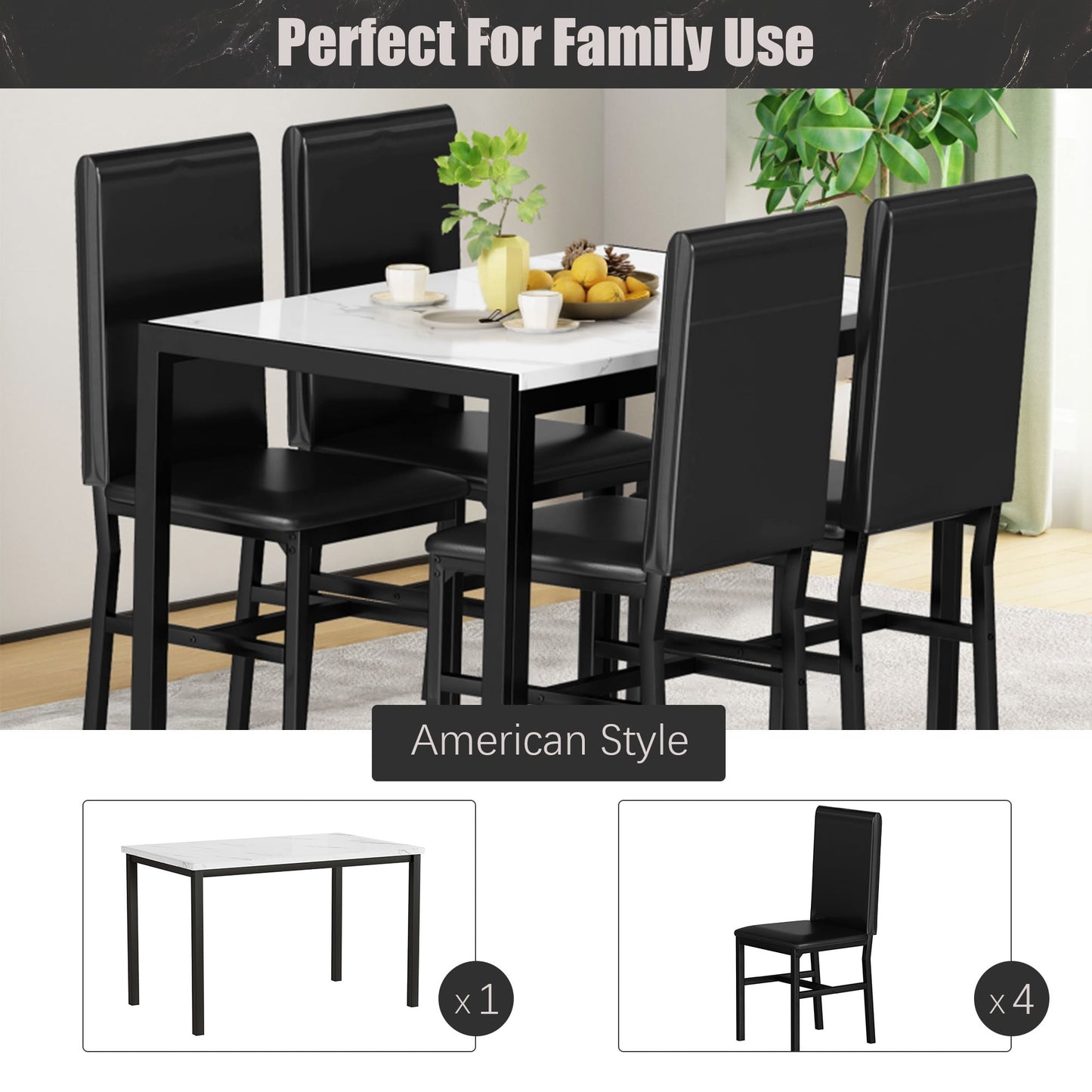 Kitchen Table and 4 Chairs Set, Metal Kitchen Table Sets Faux Marble Rectangular Breakfast Table w/Metal Legs & Black Finish Frame, Dining Table Sets for an Apartment Breakfast, SS1268