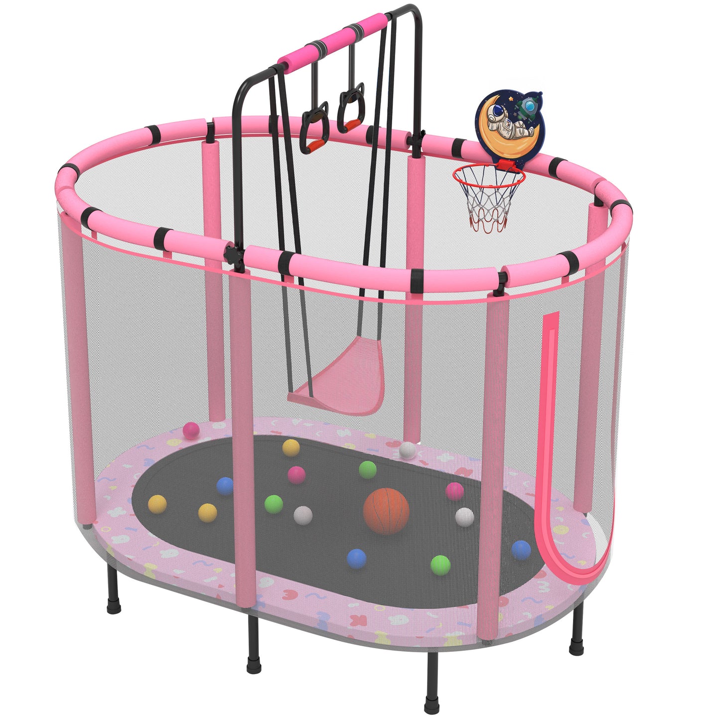 60" Trampoline with Enclosure for Kids, SEGMART Indoor Outdoor Toddler Trampoline with Basketball, Indoor Outdoor Kids Trampoline with Basketball Hoop, Small Round Trampoline for Boys Girls