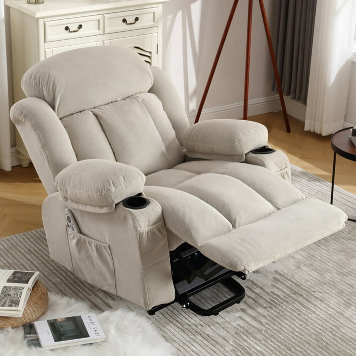 Home Recliner Chair with Remote Control for Living Room, Single Velvet Ergonomic Recliner Chair with Cup Holders, for Home Theater Seating Living Room Lounge Chaise, Beige
