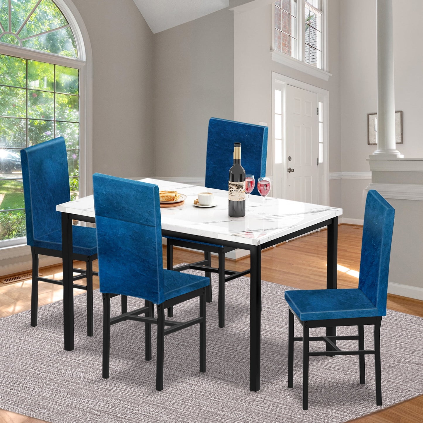 Kitchen Table and 4 Chairs Set, Metal Kitchen Table Sets Faux Marble Rectangular Breakfast Table w/Metal Legs & Black Finish Frame, Dining Table Sets for an Apartment Breakfast, SS1308