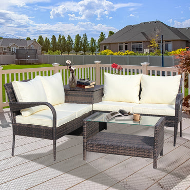 4 Pieces Rattan Patio Furniture Set, SEGMART Outdoor Patio Sofa Set with Glass Top Coffee Table, Storage Box, Cushioned Wicker Sectional Conversation Set for Balcony, Porch, Backyard, Deck, Garde