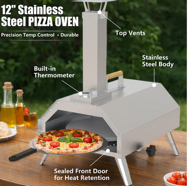 Segmart 12" Wood Pellet Outdoor Pizza Oven with 360° Rotating Pizza Stone, Built-in Thermometer, Insulated Stainless Steel Pizza Maker for Backyard Camping