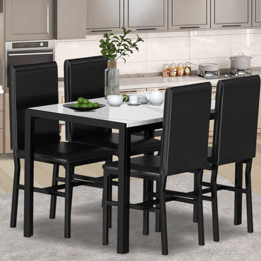 Kitchen Table and 4 Chairs Set, Metal Kitchen Table Sets Faux Marble Rectangular Breakfast Table w/Metal Legs & Black Finish Frame, Dining Table Sets for an Apartment Breakfast, SS1268